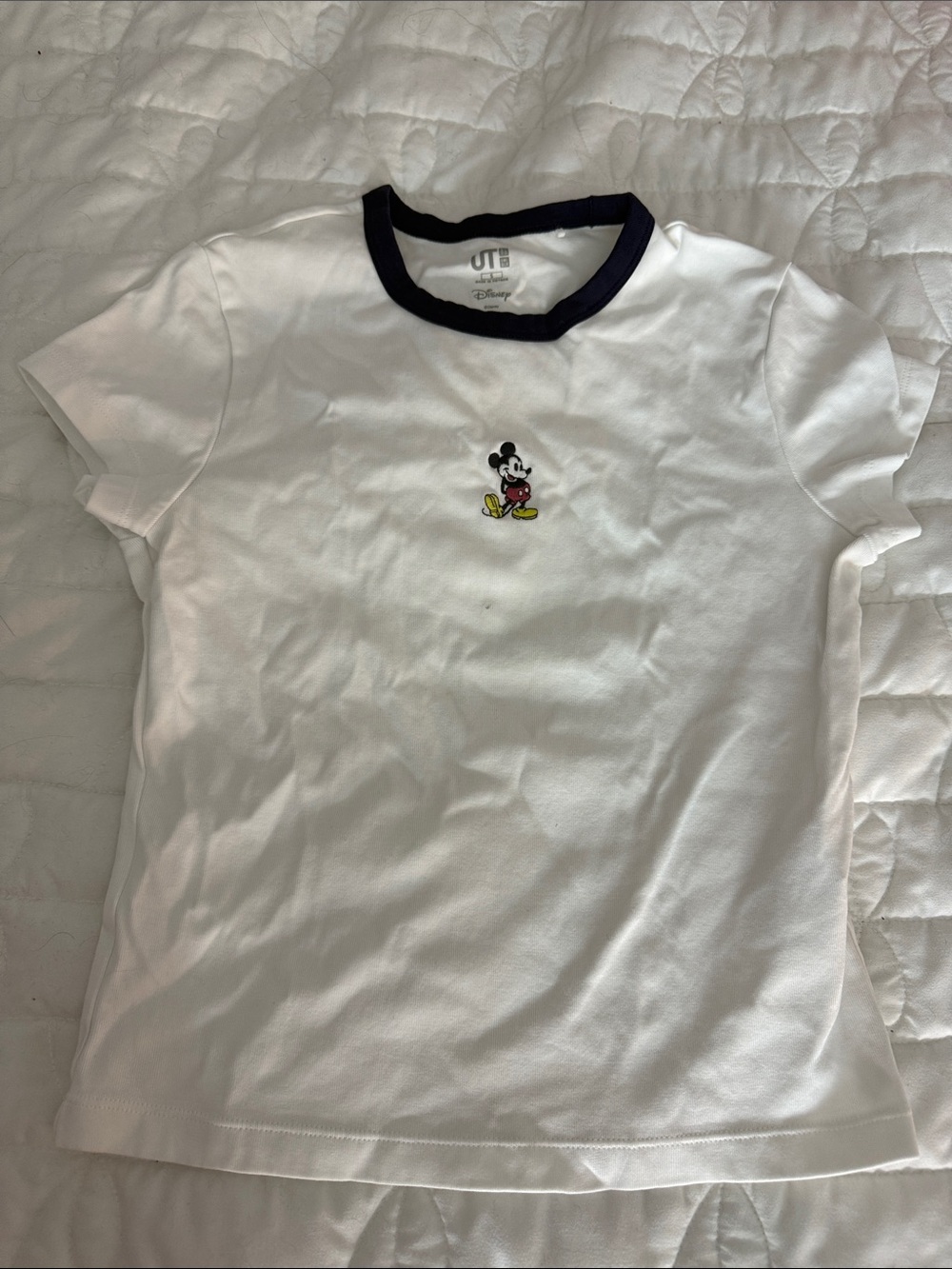 Disney White Short Sleeve Tee with Navy Collar and Mickey Embroidery